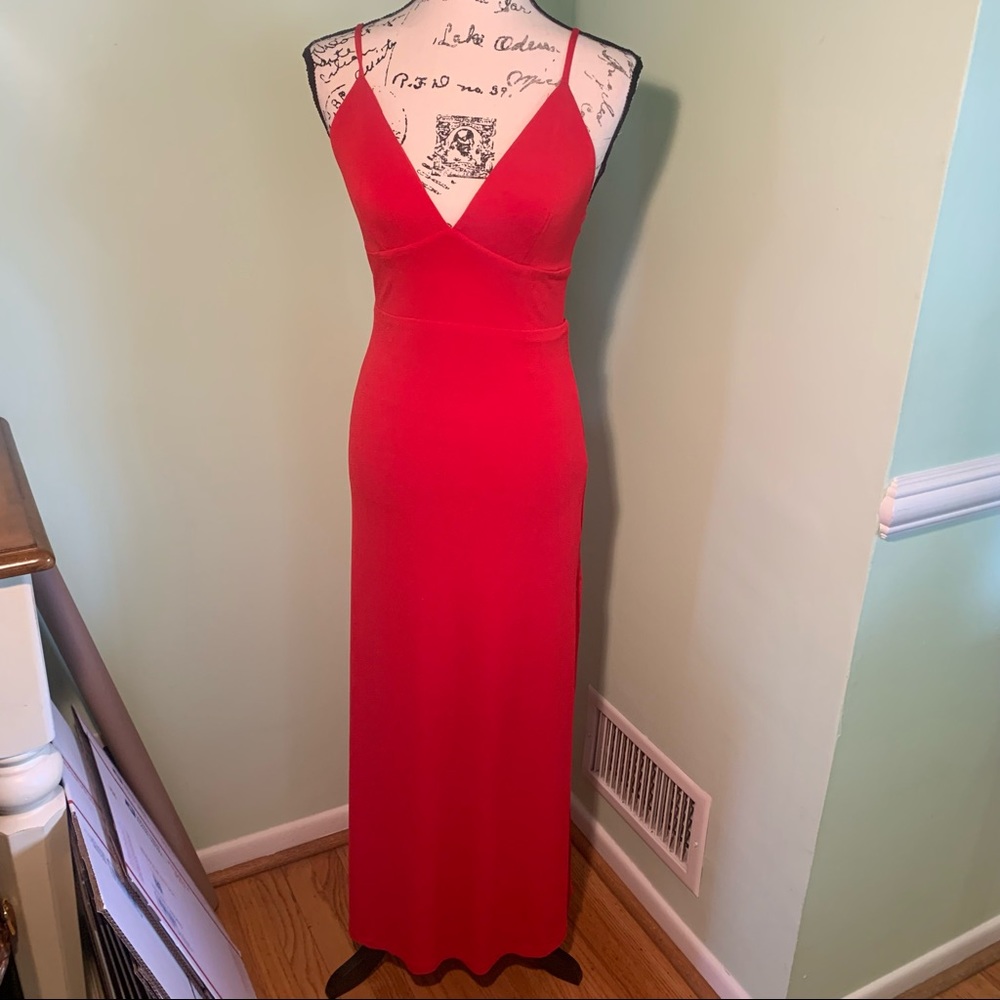 Lulus red side slit fitted maxi dress